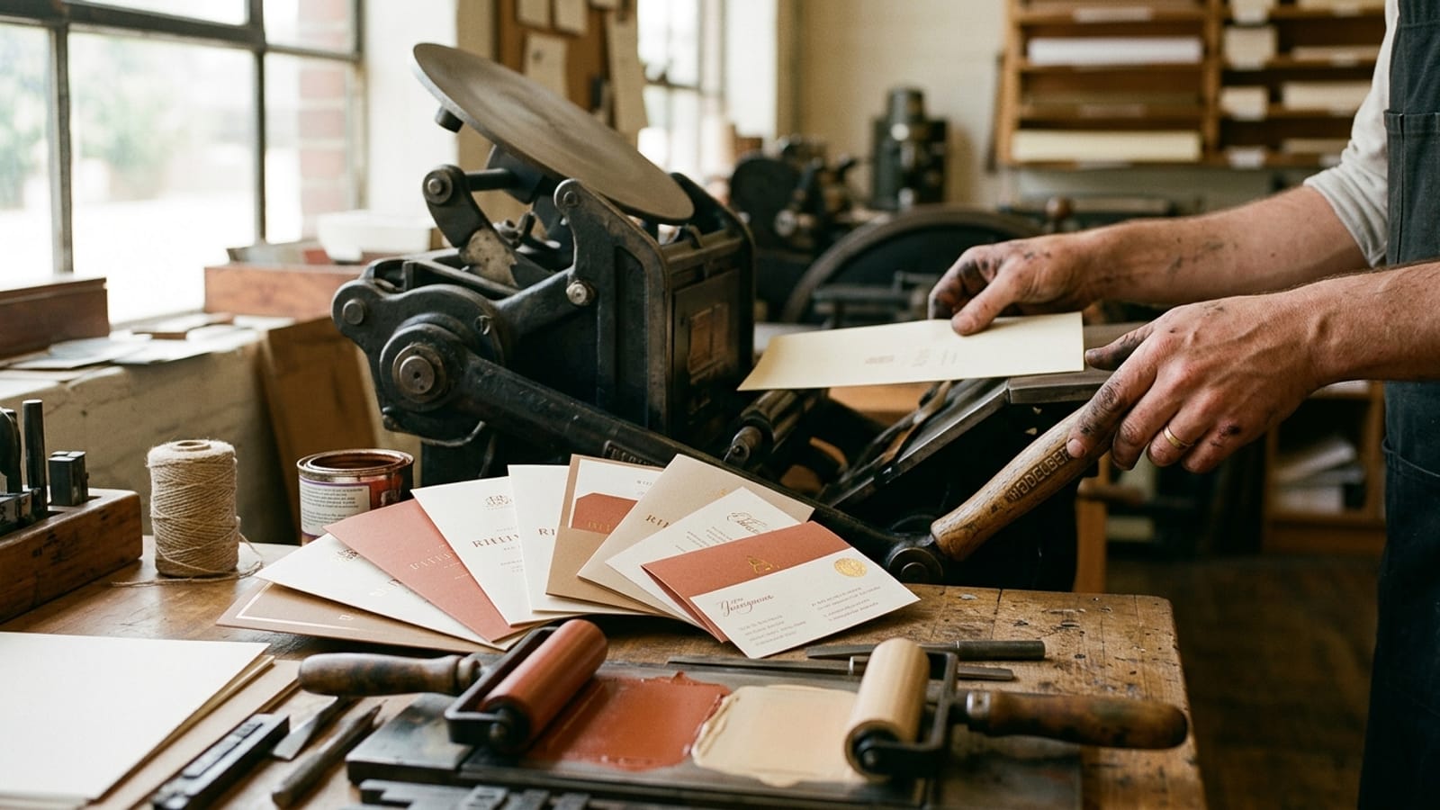 A print craftsman operating a vintage letterpress machine with freshly printed business cards and brochures fanned across a wooden workbench.