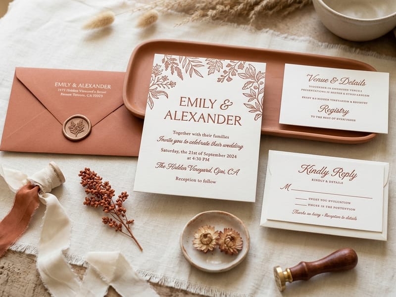 Wedding Cards — Elegant invitation suites with letterpress, embossing, and bespoke finishes.